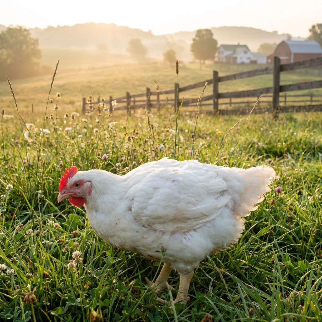 Cornish Cross chicken in pasture