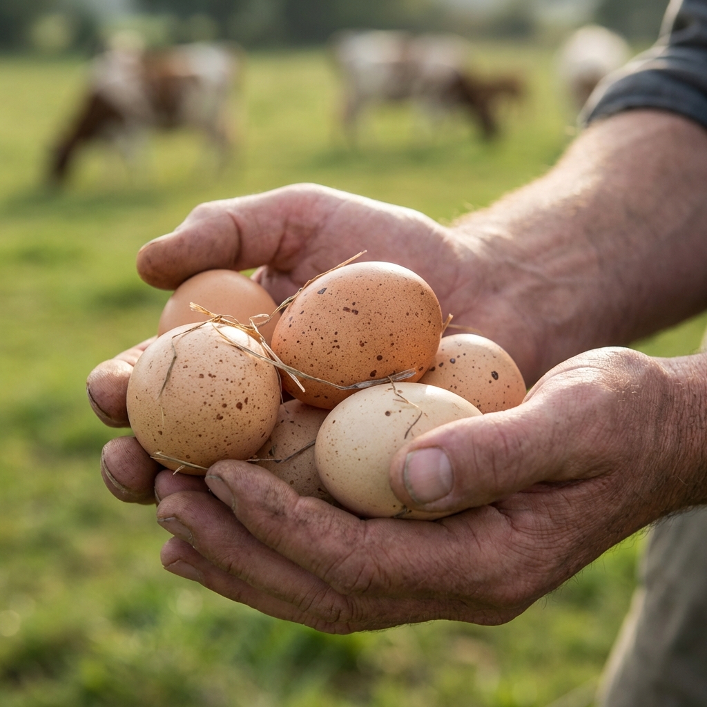 Hands holding fresh farm eggs